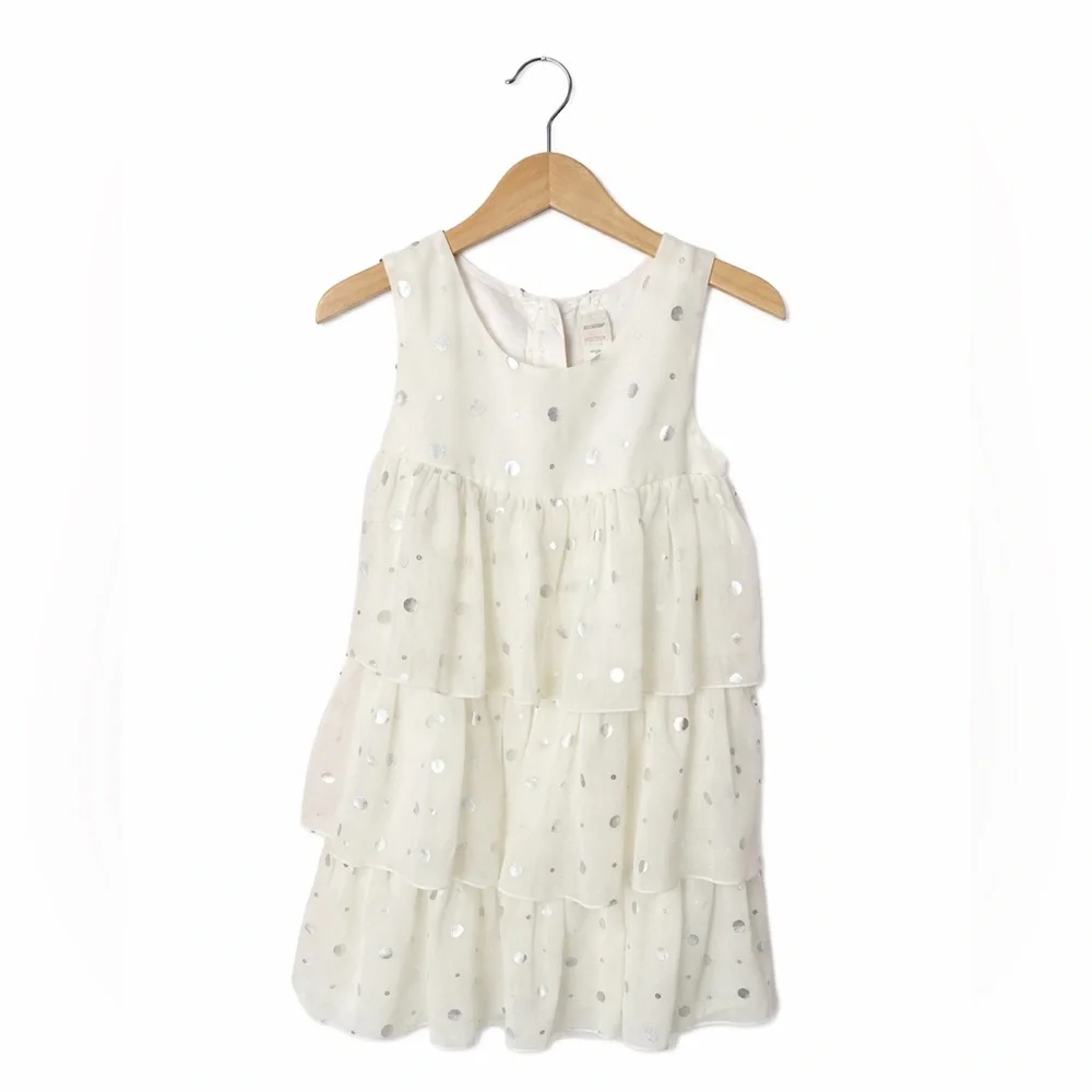 Old Navy Ivory Silver Polka Dot Tiered Ruffle Dress Girls 5T Holiday Party